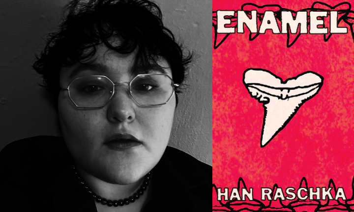 Author Han Raschka next to book cover of Enamel