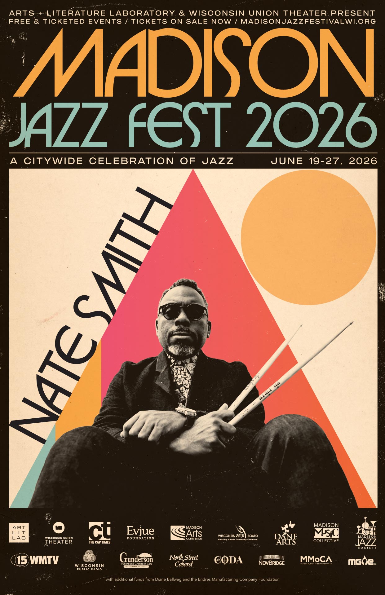 Madison Jazz Festival poster with drummer Nate Smith seated with drumsticks