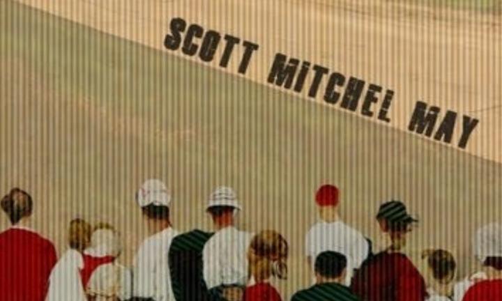 illustration of a group of people standing with their backs to the viewer  with the words "Scott Mitchel May" slanted above