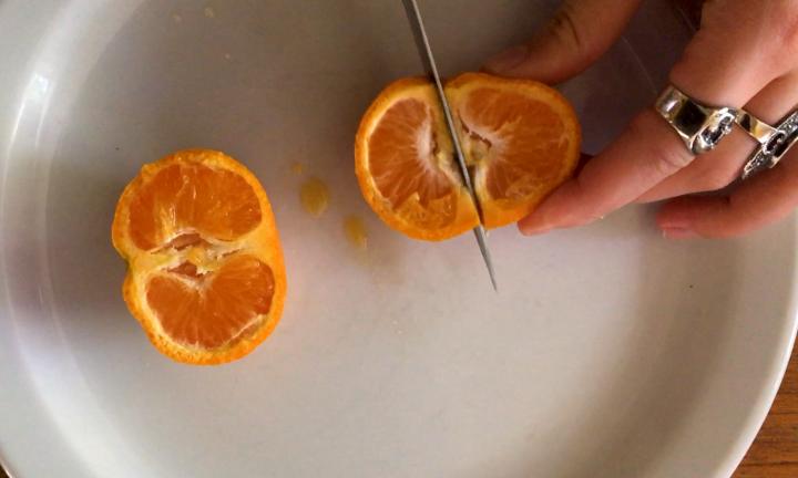 hand with rings slicing tangerine Rotten Fruit Lyr Casper video poem Midwest Video Poetry Fest