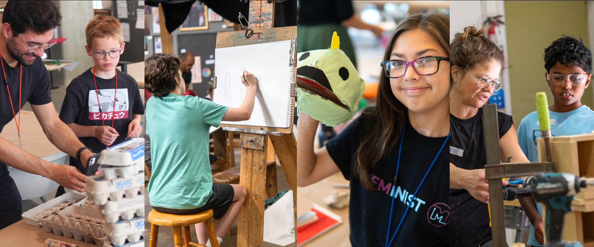 Four photos of children making art—two of them with adult teaching artists instructing them.