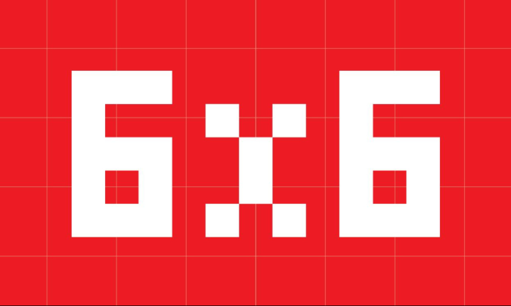 red and white graphic that reads six by six 