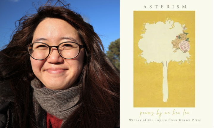 Headshot of Ae Hee Lee alongside cover of the poetry collection Asterism
