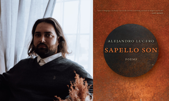 Author Alejandro Lucero next to cover of Sapello Son