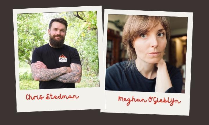 polaroid snapshots of Chris Stedman, a man in a black t-shirt with a beard and tattoo sleeves, and Meghan O'Gieblyn, a woman with short hair looking to the left