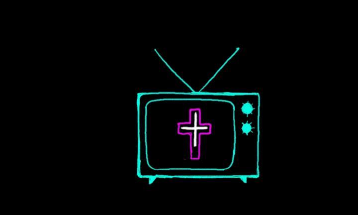 black screen with drawing of an old-fashioned television set with rabbit ear antennas and a pink cross in the middle of it