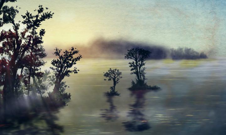 watercolor of swamp with black silhouettes of trees