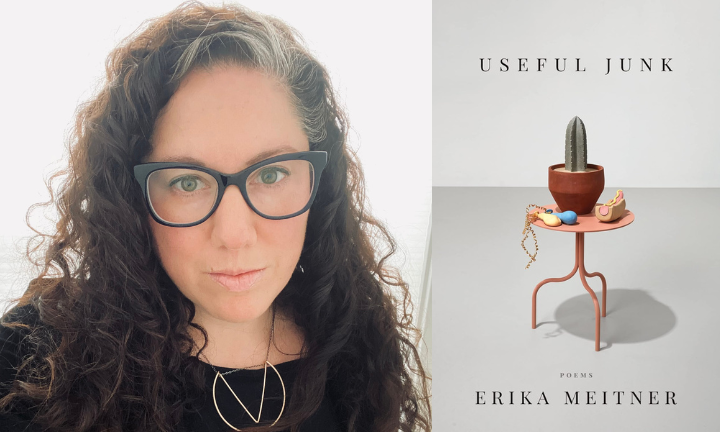 poet Erika Meitner headshot next to cover of the poetry collection Useful Junk