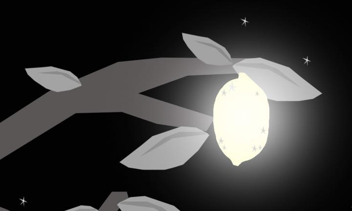 black and white image of a glowing lemon at the end of a branch against a night sky with 3 small stars