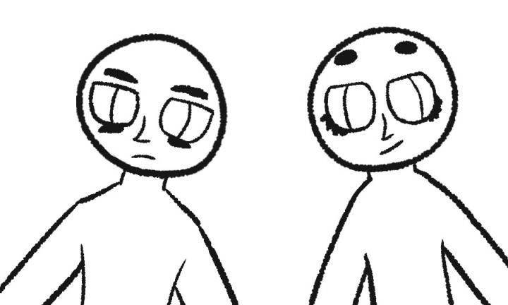 Black and white simple drawing of two figures with big eyes, one frowning and one smiling