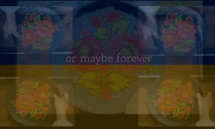 a pattern of 5 plates with colorful flower designs held by a hand. the words "or maybe forever" are in the center of the image