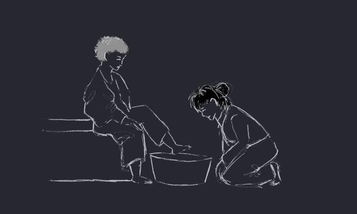 white lines on black background illustration of a person kneeling to wash another person's feet