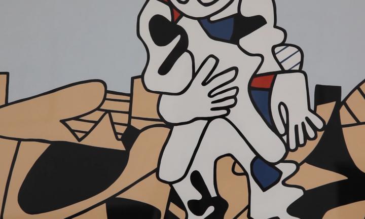 close up of Marche en Campagne by Jean Dubuffet, a white figure with large hands walking through brown and black shapes