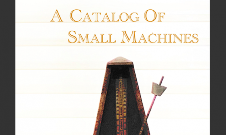 An antique clock with swinging pendulum and text "A Catalog of Small Machines"