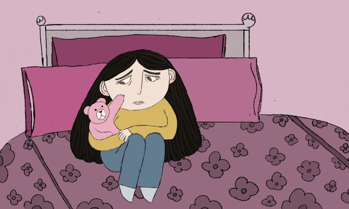 illustration of a sad girl with long black hair on a bed holding a teddy bear