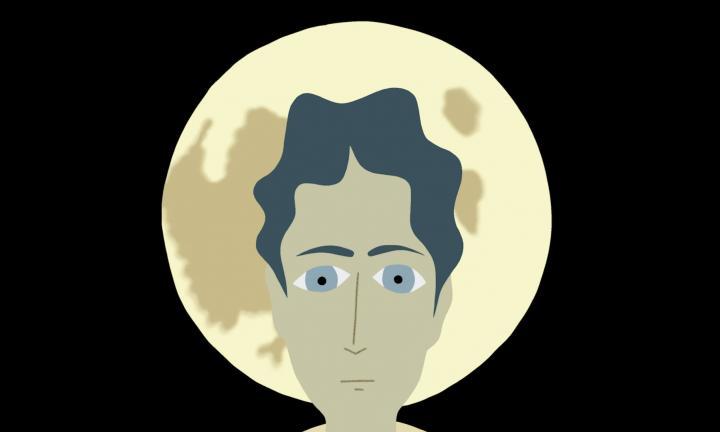 drawing of a full moon with a man's head in front of it