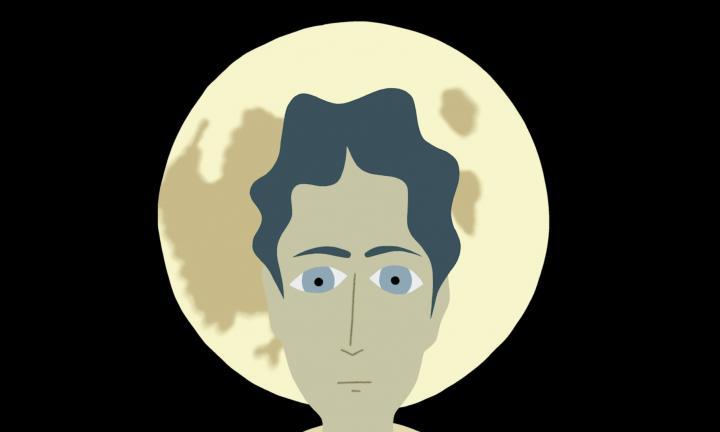 illustrated image of a man's face staring straight ahead with a full moon behind him in an otherwise empty black sky