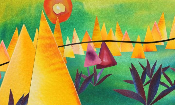 cutout watercolor images of landscape made of yellow triangles, purple leaves and an orange sun