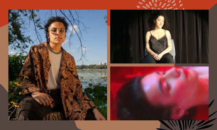 Image of poet in glasses sitting beside a lake, separate picture of a person in a black camisole seated in front of a black curtain, and a red-tinted close up of a person's face who is lying down
