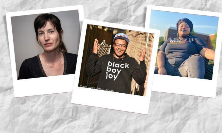 crumpled white paper with three polaroids of a thin woman with dark eyes, a smiling man in a black hoodie, and a woman leaning back on a bench with a dark head wrap