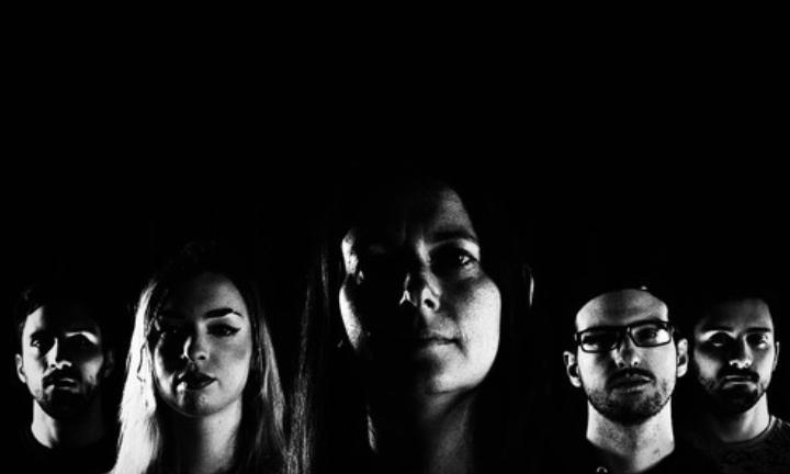 Dark black background with faces of five people at the bottom