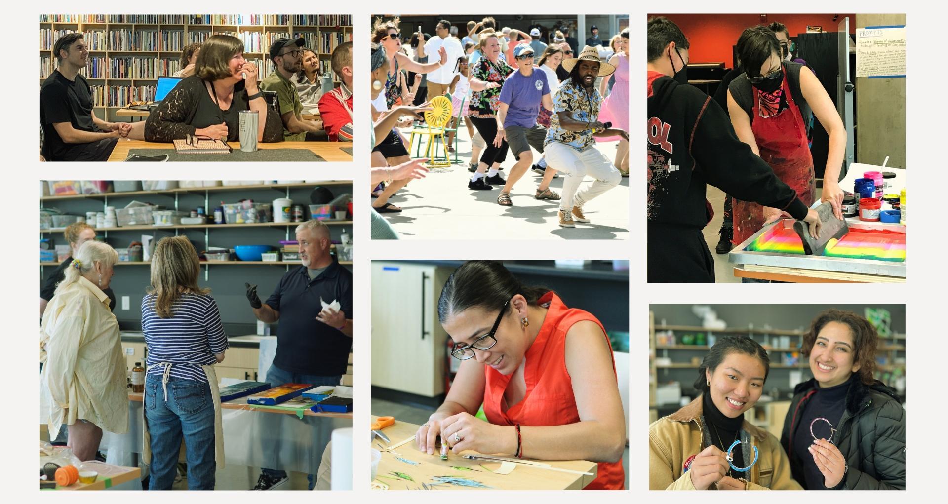 Collage of Teaching Artists and Students Working and Holding Their Art