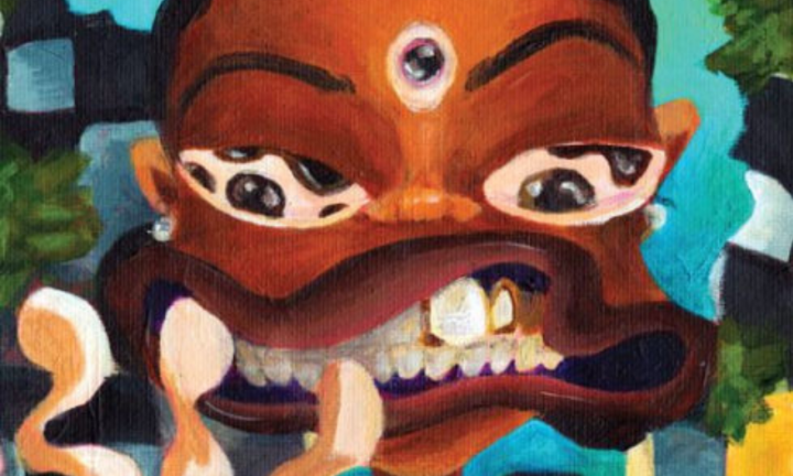 colorful painting of a face with with teeth prominently displayed and a jewel between the eyebrows