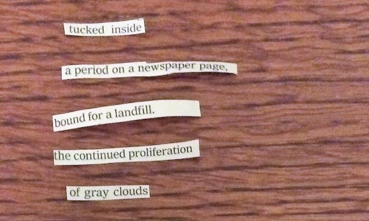 Tucked inside a period on a newspaper page, bound for a landfill. found poem